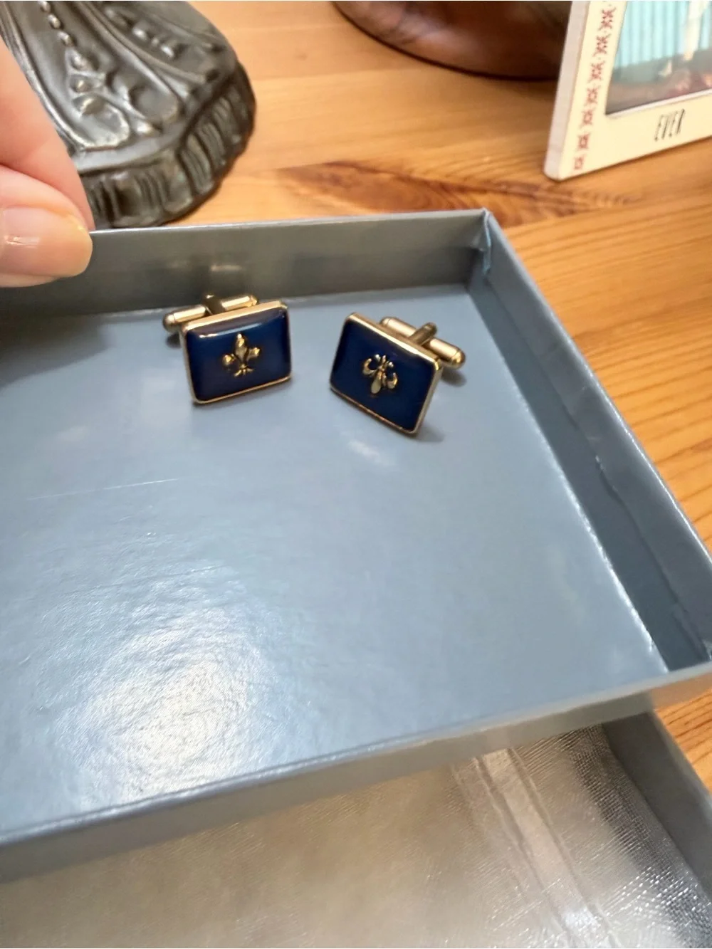 Gold-Tone Blue Fleur-de-Lis Rectangular Cuff Links - Men's Accessories